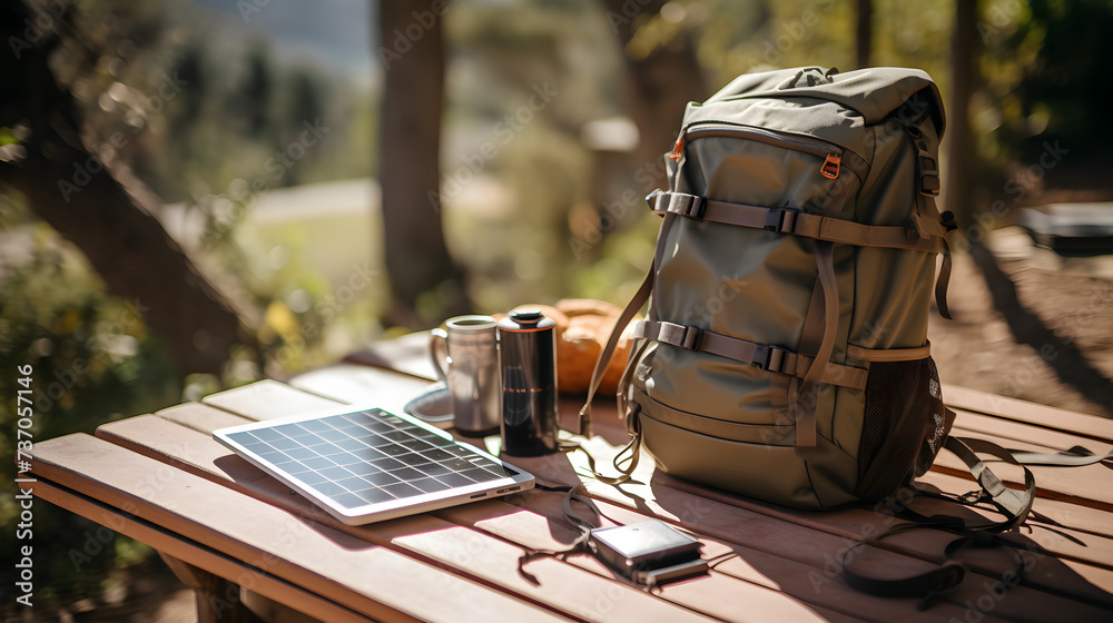 Travel concept, Hiking backpack on the table, phone. Portable solar energy. Generative AI - obrazy, fototapety, plakaty 