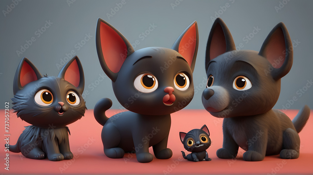 Cute black baby dog and cat playing 3d character. Cartoon dog and cat playing with big red eyes. 3d render illustration. Farm animals set Cute black baby dog and cat playing 3d character. Cartoon dog and cat playing with big red eyes. 3d render illustration. Farm animals set