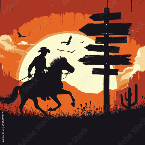 Silhouette of a cowboy riding a wild horse at sunset on a wooden sign, vector