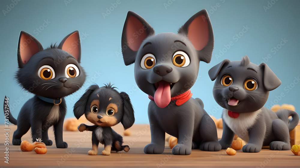 Cute black baby dog and cat playing 3d character. Cartoon dog and cat playing with big red eyes. 3d render illustration. Farm animals set Cute black baby dog and cat playing 3d character. Cartoon dog and cat playing with big red eyes. 3d render illustration. Farm animals set