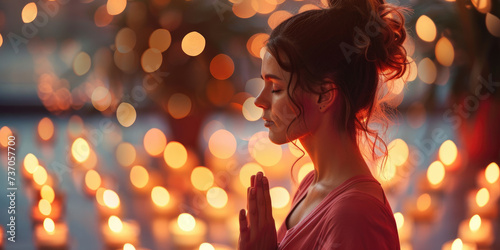 beautiful young woman meditating in yoga pose, candle lights