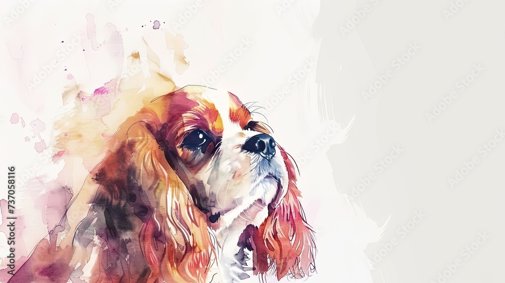 Soft Watercolor Portrait of Cavalier King Charles Spaniel on White Background