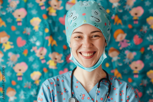 friendly smiling woman - children's doctor pediatrician in a medical mask against the background of children's drawings.