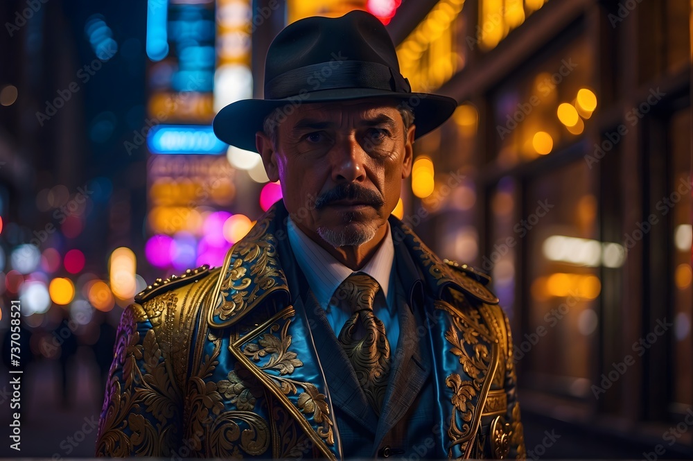 Close up of Sci Fi middle age Detective on a mission. Dressed in steam punk futuristic detective uniform. Blurred colorful bokeh background.