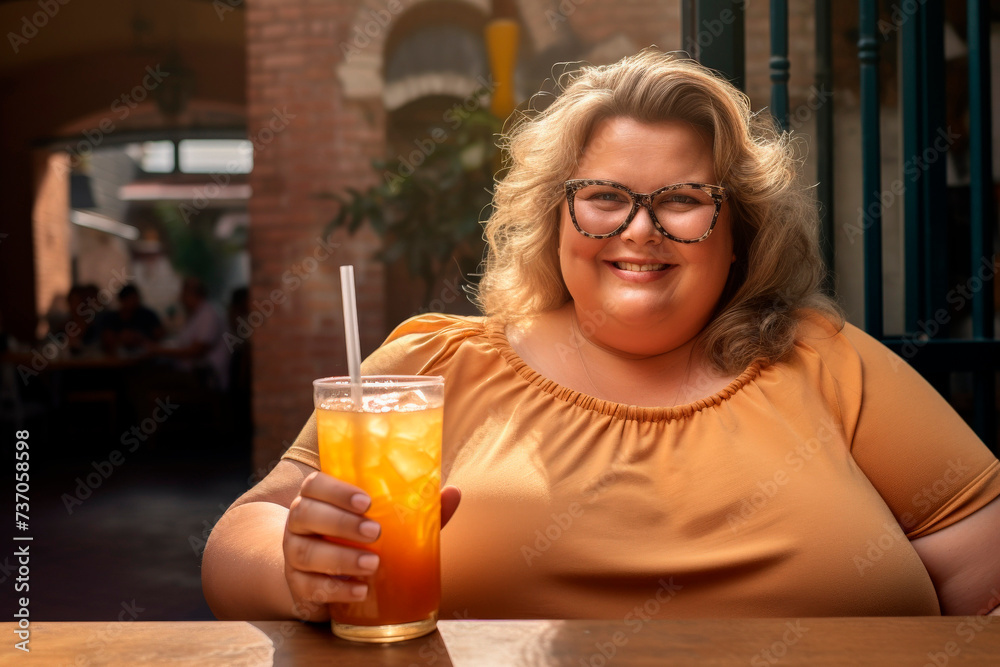overweight woman in a bar holding a drink with a paper straw overweight woman in a bar holding a drink with a paper straw