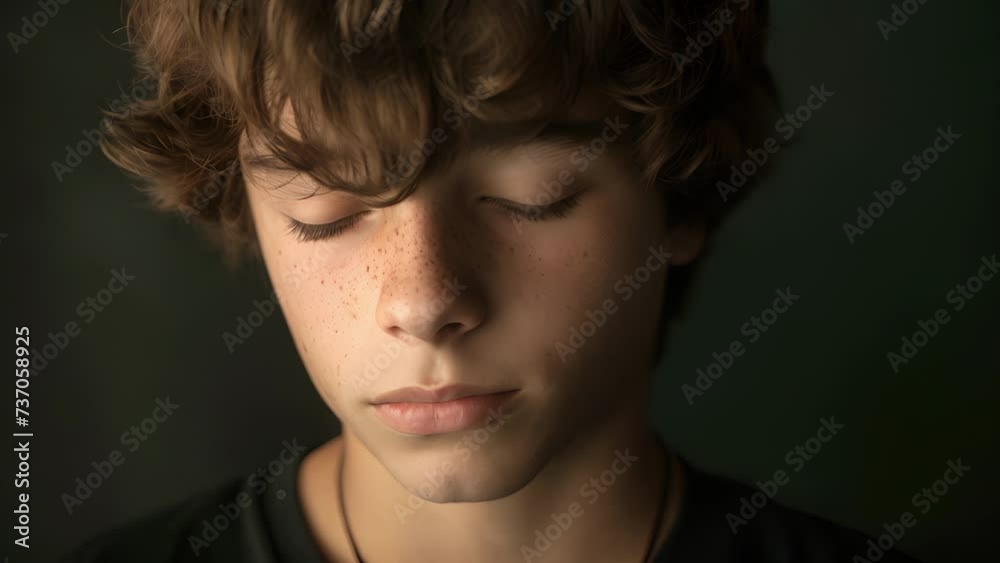 A teenage boy with a tattoo of a loved ones name on his arm his eyes closed in a moment of grief, Young Boy With Freckles on His Face A teenage boy with a tattoo of a loved ones name on his arm his eyes closed in a moment of grief, Young Boy With Freckles on His Face