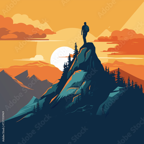 Man standing on top of mountain landscape. Travel on hill, hiking person. Goals and achievements concept. Cartoon ai illustration