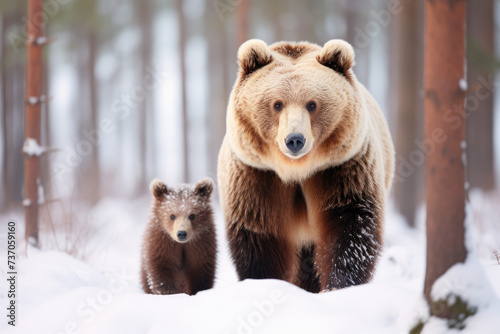 A brown bear and her cub in the winter forest