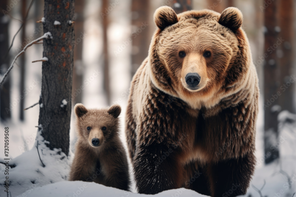 A brown bear and her cub in the winter forest