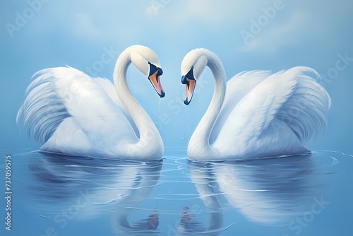 A pair of elegant swans, their graceful necks forming a heart shape, against a serene blue background.