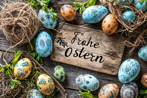Rustikale Osterdekoration mit farbigen Eiern und Frohe Ostern Beschriftung photo