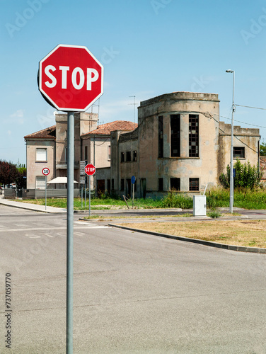 Stop Sign in the Streets of Tresigallo - The metaphisic town photo