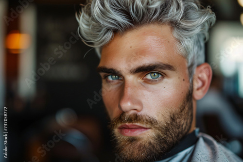 a hairdresser is fixing up a mans hair, in the style of soft color blending, back button focus, silver and gray,