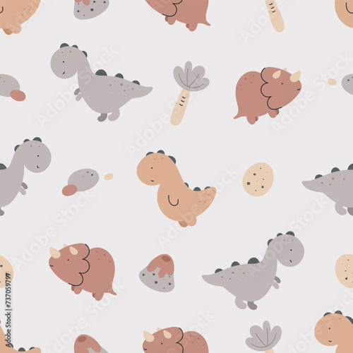 Seamless pattern with cute dinosaurs. Flat cartoon vector background. Creative texture for fabric, wrapping, textile, wallpaper, apparel.