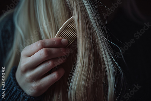a lady with long blonde hair is holding a hair comb
