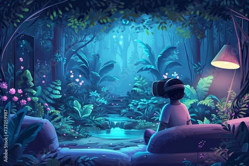 living room at night. A person is sitting on the couch, wearing a VR headset. The headset is projecting a virtual world around the person. The virtual world is a beautiful forest, with trees, flowers