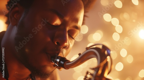 Jazz musician passionately playing a saxophone eyes closed in deep concentration, with soft lighting creating a warm and intimate ambiance