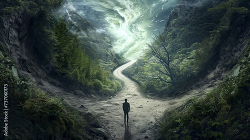 making a choice on eman stand in a cross deep forest road both paths with hesitation One path will lead him to challenge and progress, the other to safety and comfort finally reaching the end photo