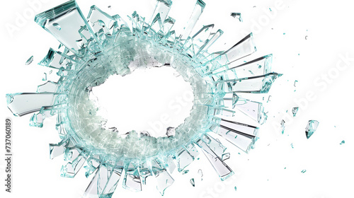 shattered glass from a bullet hole, white background