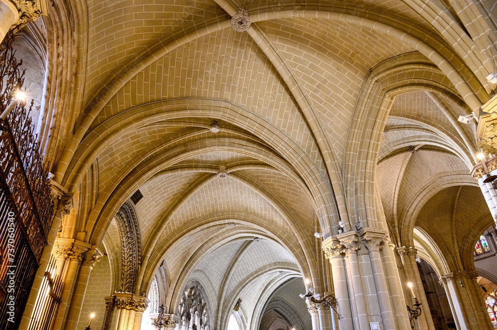 Medieval indoor architecture in Toledo Cathedral, Spain. Official. name: The Primatial Cathedral of Saint Mary of Toledo