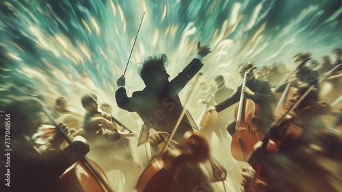 Artistic of a conductor leading a symphony orchestra, with baton raised, amidst a sea of musicians immersed in their instruments, conveying the power and grandeur of orchestral music. photo