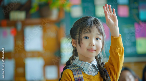 Children raise their hands to answer in the classroom. Backdrop with selective focus, Cute pupils raising their hands, Back To School concept,education, background.