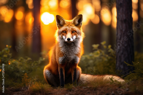 concentrated foxes with looking at camera amidst forest at sunset