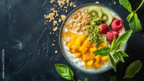 Bowl of creamy yogurt topped with fresh fruits