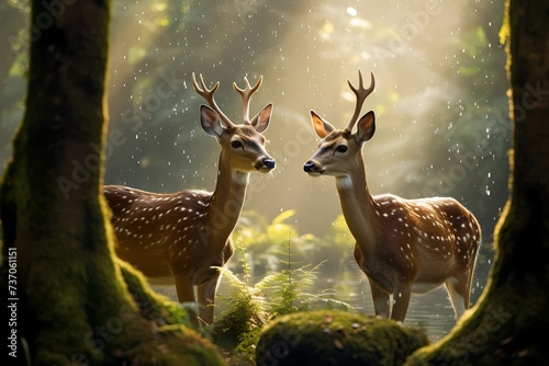 A pair of inquisitive deer noses, close-up and covered in morning dew, as they graze peacefully in a secluded woodland clearing.