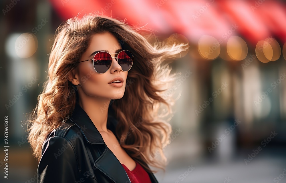 modern businesswoman wearing sunglasses and black dress walking outdoor in urban metropolis town, Generative Ai modern businesswoman wearing sunglasses and black dress walking outdoor in urban metropolis town, Generative Ai