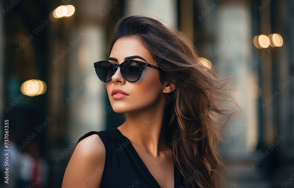 modern businesswoman wearing sunglasses and black dress walking outdoor in urban metropolis town, Generative Ai