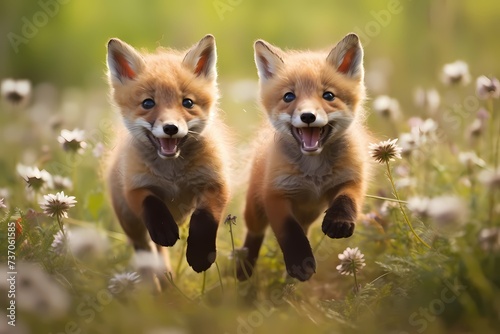 A pair of playful fox cubs chasing each other through a meadow, their fluffy tails held high in excitement.