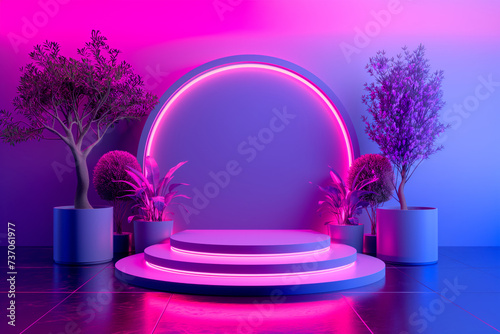 3d render, abstract minimal scene with geometrical forms, podiums, palm leaves, flowers on a purple background.