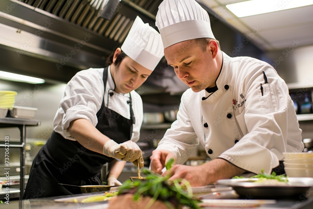 A chef instructing a sous-chef in preparing a signature dish, focused intensity 