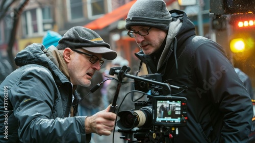 A film director and cinematographer reviewing shots on a movie set 