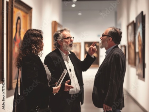 An art dealer and collector examining a painting in a gallery, detailed expressions 