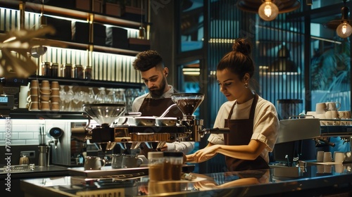 Two baristas crafting artisan coffee in a chic urban cafÃ©, focus on technique 