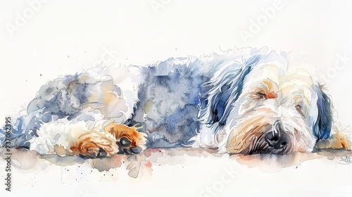 Whimsical Watercolor Portrait of Old English Sheepdog on White Background