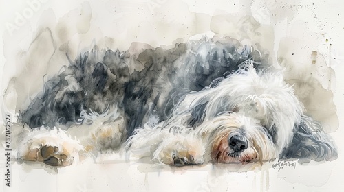 Whimsical Watercolor Portrait of Old English Sheepdog on White Background