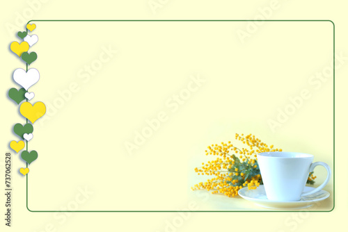 Fototapeta Naklejka Na Ścianę i Meble -  ミモザとコーヒーのハートフレーム（黄色の背景）