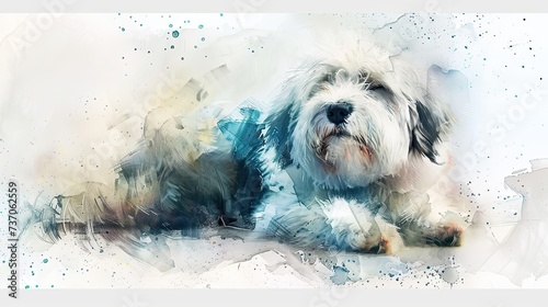 Whimsical Watercolor Portrait of Old English Sheepdog on White Background