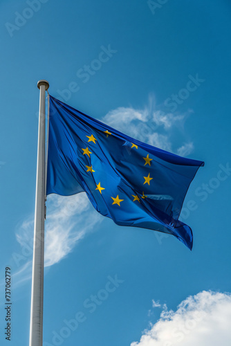the european union flag blowing at a blue sky