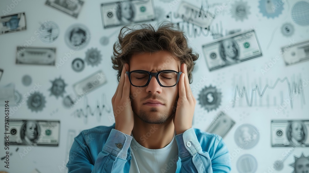 Portrait of a young man in depression on the background of money Portrait of a young man in depression on the background of money