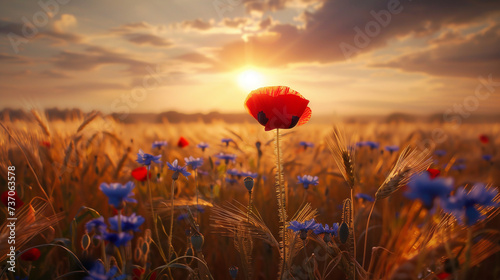 Wheat field with red poppies and blue cornflowers. Nature banner.