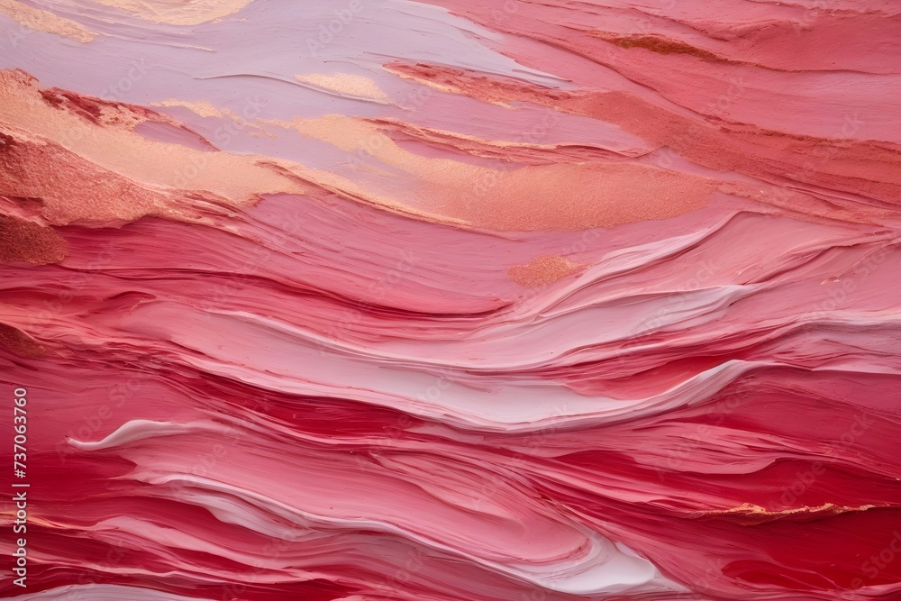 Closeup of abstract horizontal painting. Light red, peach pink texture background. Visible oil, acrylic brushstroke, pallet knife paint on canvas. Contemporary art painting.