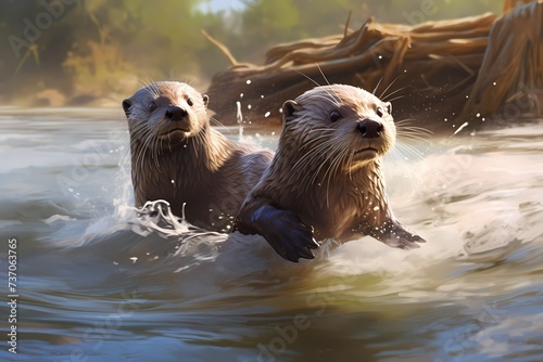 A pair of playful otters sliding down a riverbank, their sleek bodies leaving trails of water as they go. © Animals