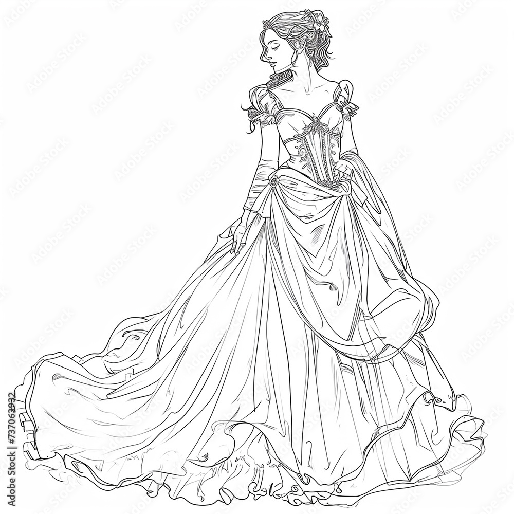 Sketch of a beautiful Princess in a medieval dress. Vector illustration. Coloring page. Coloring book.
