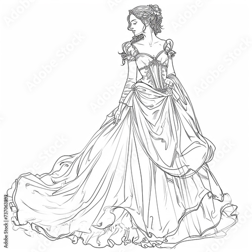 Sketch of a beautiful Princess in a medieval dress. Vector illustration. Coloring page. Coloring book.