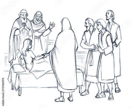 Foto Healing of the daughter of Jairus. Pencil drawing