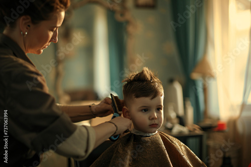 the young child getting his hair cut by a woman, in the style of playful expressions, unprimed canvas
